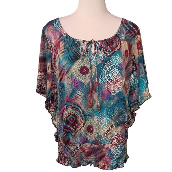 Y2K Stretchy Colorful Blouse Top Flutter Sleeves Blousy Relaxed Petite LG Office - Picture 11 of 11